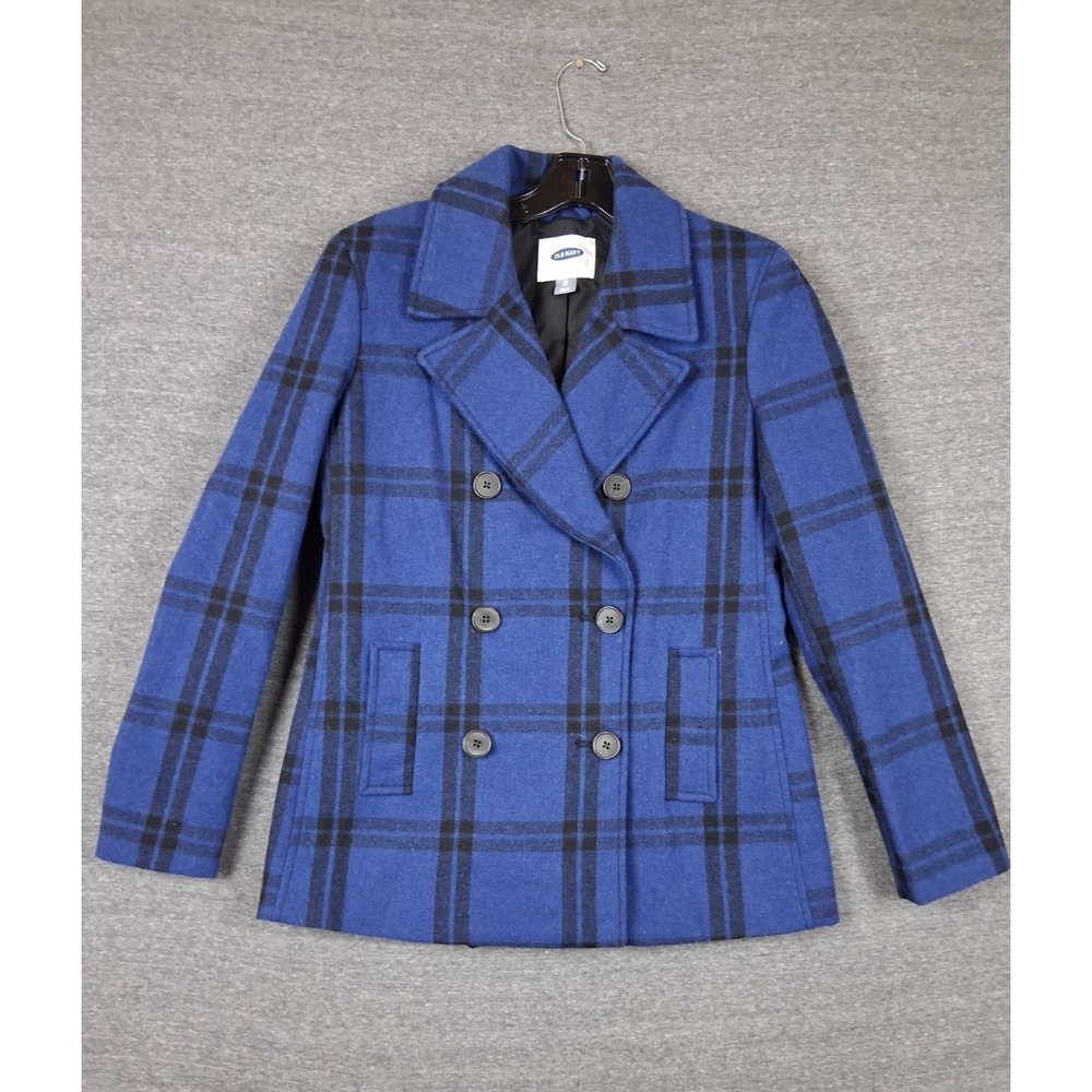Old Navy Womens Coat XS Black Blue Tartan Plaid Peacoat Wool Dark Academia Prepp